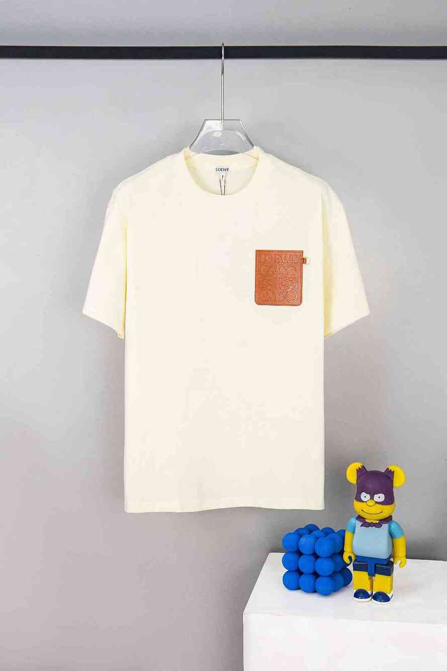 Loewe Cream Crew Neck T-Shirt Brown Leather Pocket Anagram Logo Unisex Tee